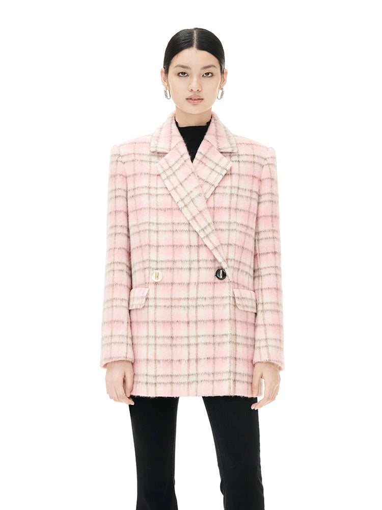 YES BY YESIR autumn winter pink women's checkered wool short coat - Abamo