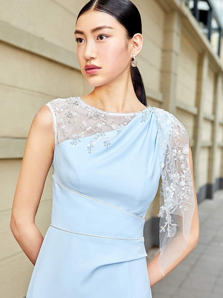 SIDUO Elegant mid skirt short sleeves mid waist slim fit baby blue banquet dress-Alice ( V )