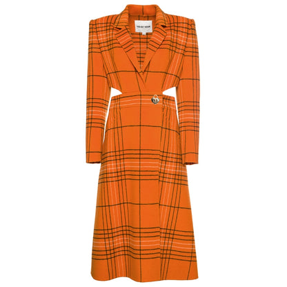 YES BY YESIR autumn winter orange plaid cut-out hollow small waist fine long coat - Kara