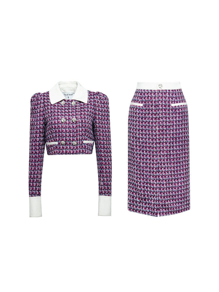 YES BY YESIR autumn winter grid plaid tweed pattern jacket skirt - Grape