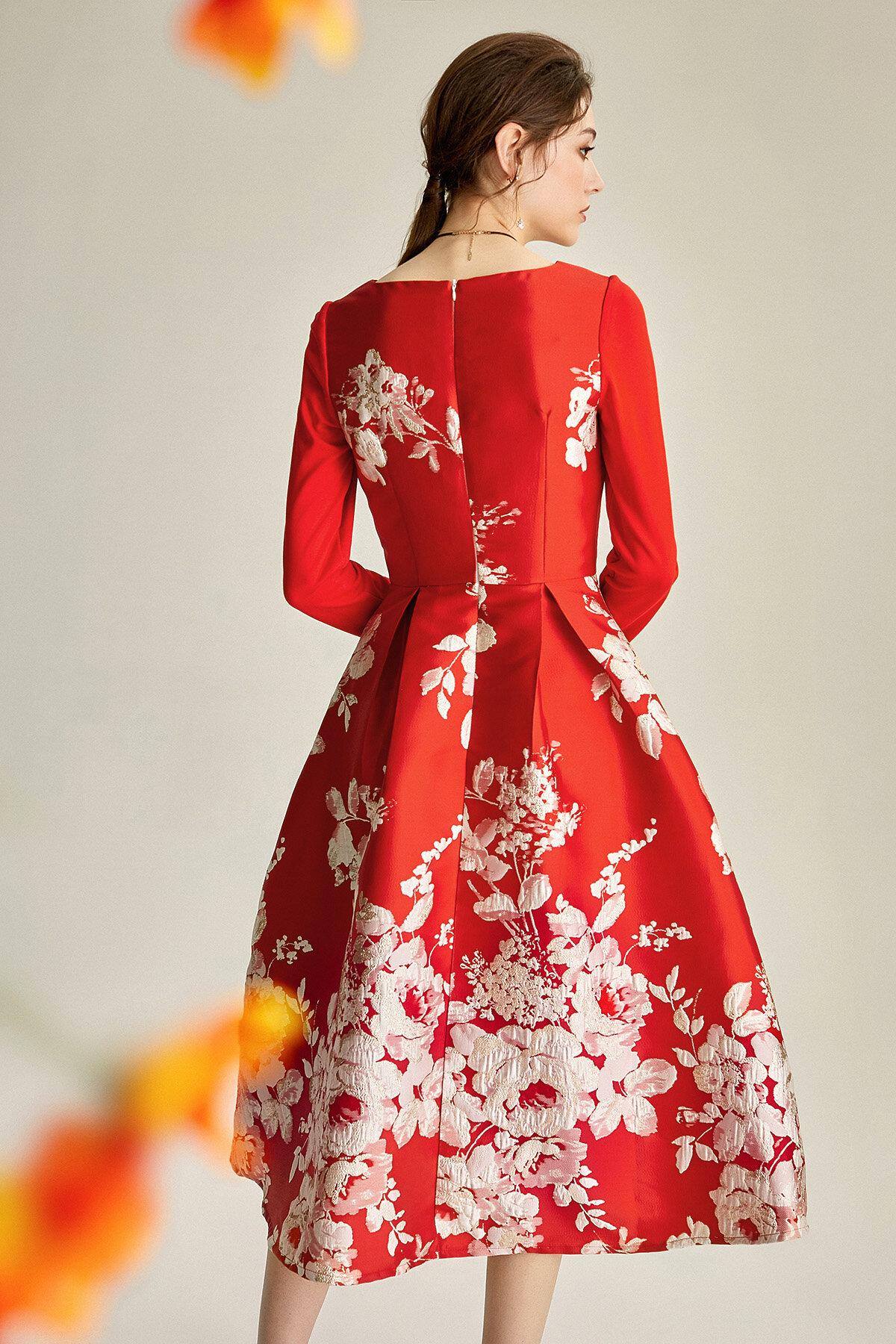 Spring retro 1950 red feminine jacquard long sleeve wedding guest audr –  GOOD GIRL REBEL