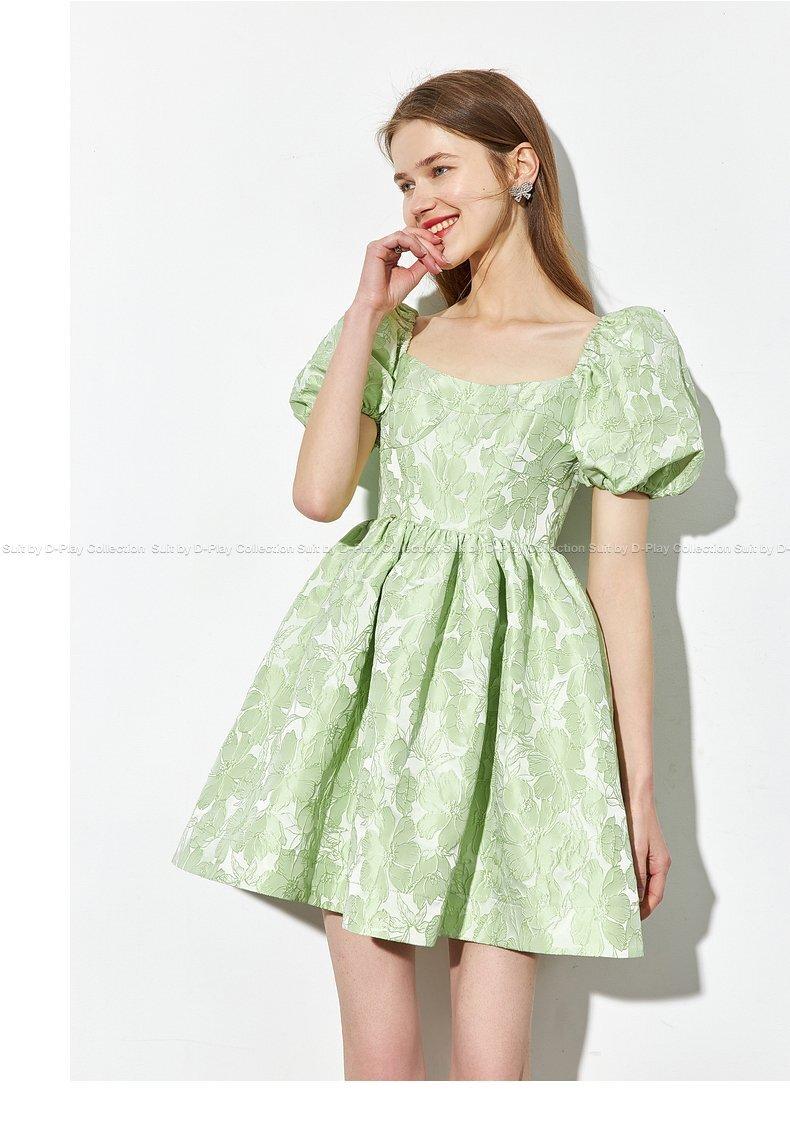 Summer new fresh mint green jacquard puffy floral women's babydoll dress  -Niwi