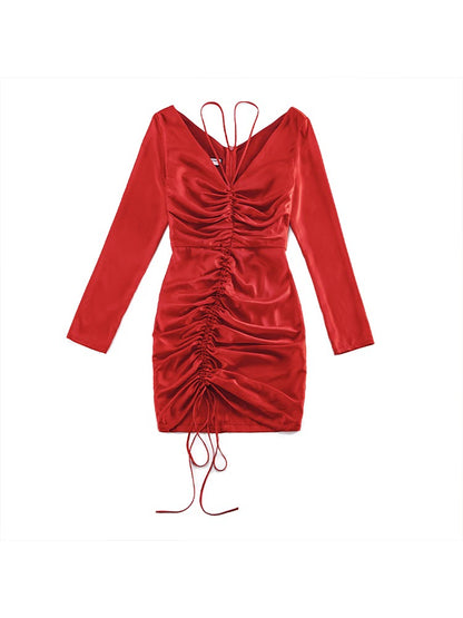 Le Palais Vintage High End Red Long Sleeve Satin V-neck Pleated Party dress-Ruby