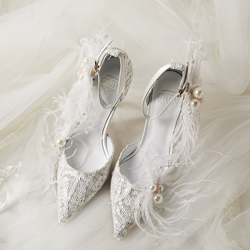 B FEI handmade beaded lace pearl feather wedding high heel shoes