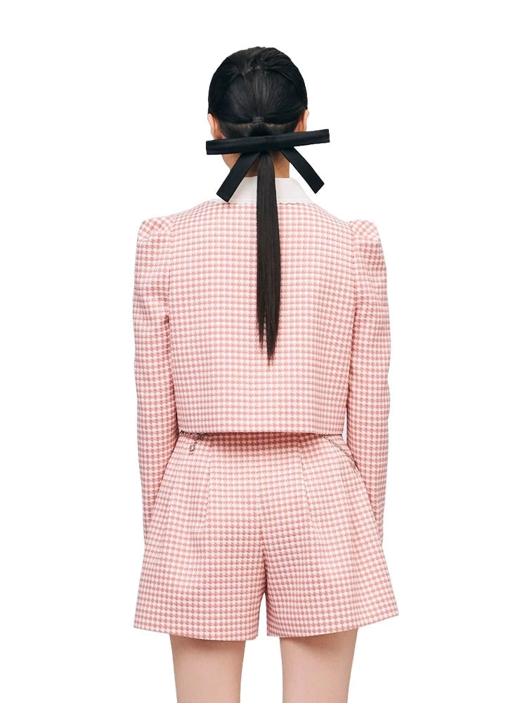 YES BY YESIR designer puff sleeve pink checkered grid short jacket - Aika