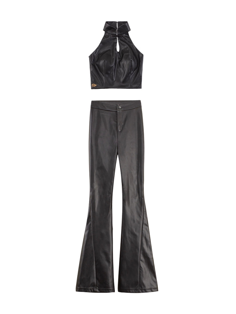 Le Palais Vintage Black Leather Top/ High-waisted Hip Leather Flared Pants-Zhuri