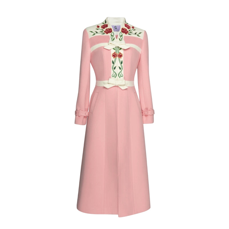 Magic Q's rose-embroidered paneled bow adjustable sleeve loop lamb wool coat