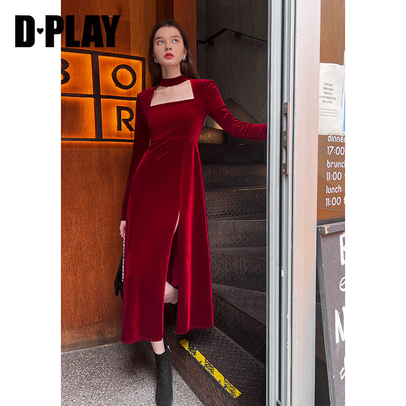 DPLAY2022 autumn and winter French retro square neck lady style wine red  velvet slit dress light dress - Esther