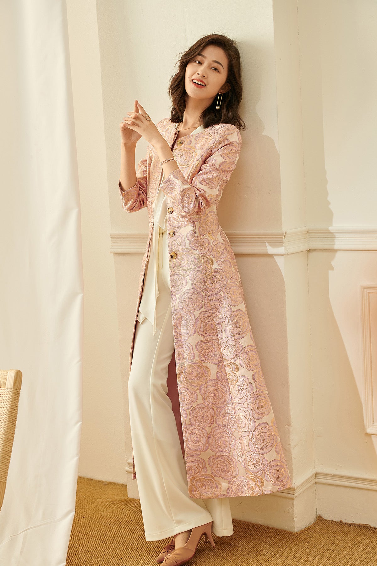 Luxury nude pink gold jacquard embroidery rose long exquisite coat- Nia