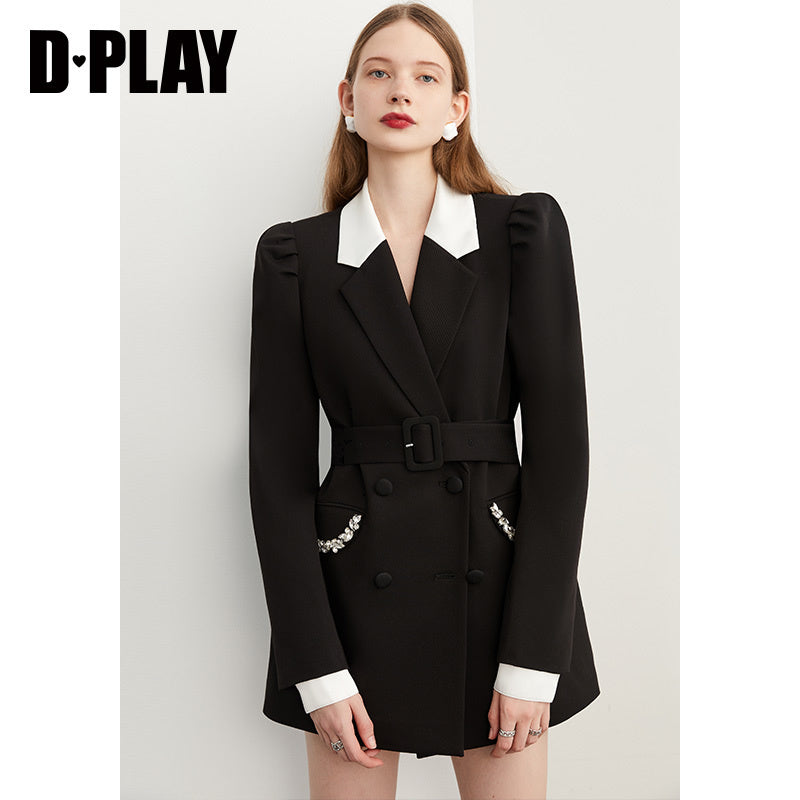 Fall Autumn Premium Black and White Contrast  crystal pocket Blazer dress- Darlyn