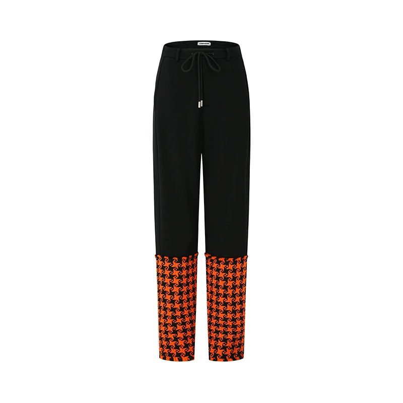 LEDIM W luxury autumn winter spliced orange houndstooth plaid cotton trousers- Haiei