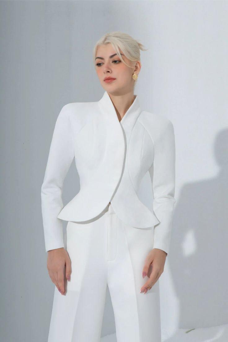 High end long sleeve white designer jacket + pant suit- Ciara