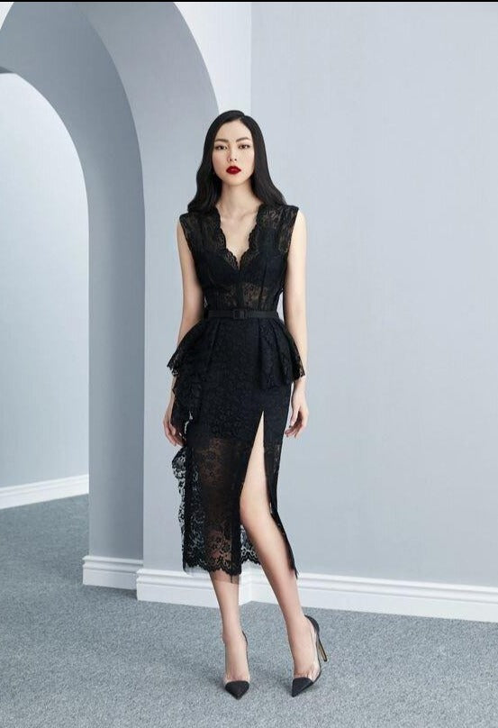 sleveless SIDONIE LBD LACE MIDI slit DRESS- Laoq